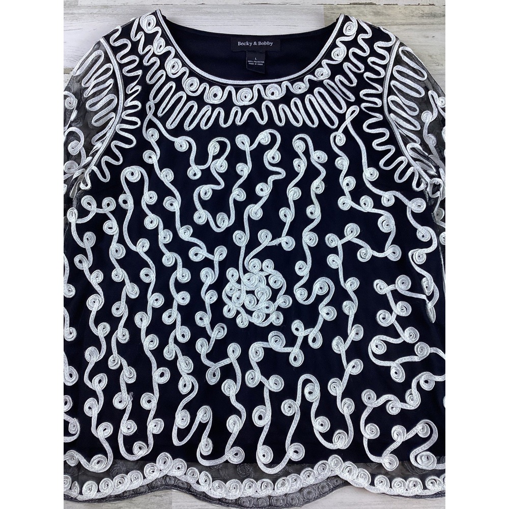 Becky & Bobby Womens Large Black White Appliqued Ribbon Top 3/4 Sheer Sleeves